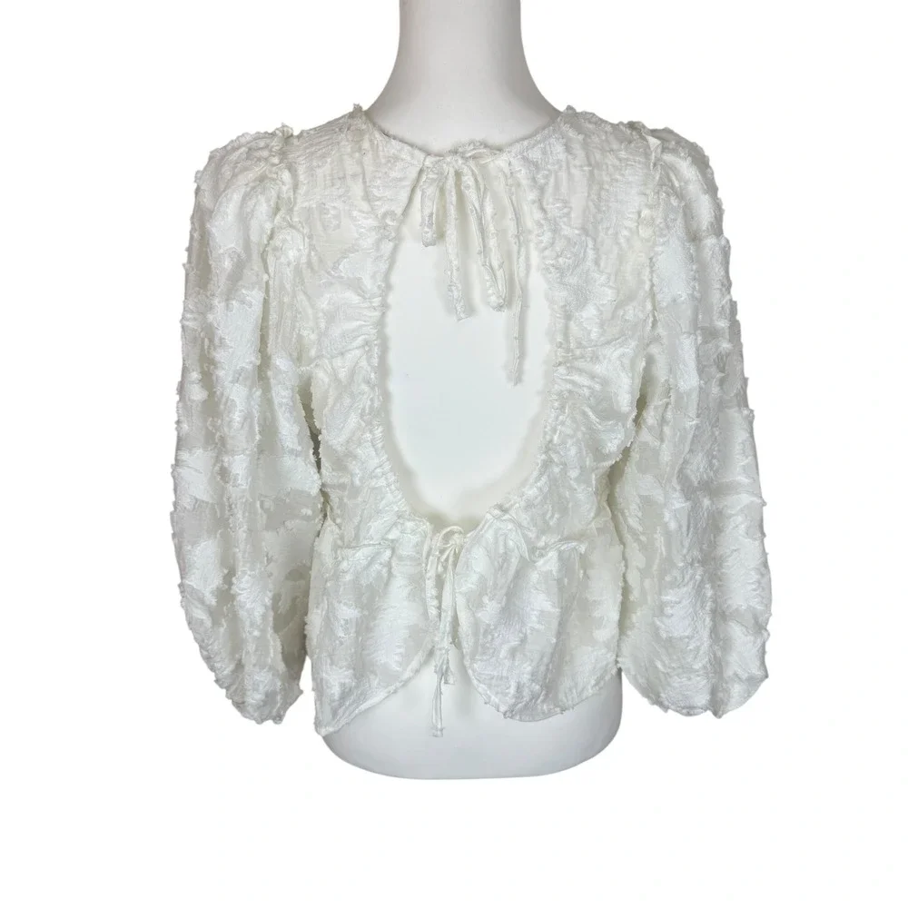 Free People Callie White Floral Applique Peplum‎ Blouse Tie Back Puff Sleeve M